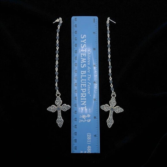 Gota Long Dangle Cross Earrings W/ Black Beaded Chain & Intricate Silver Design - Picture 4 of 7